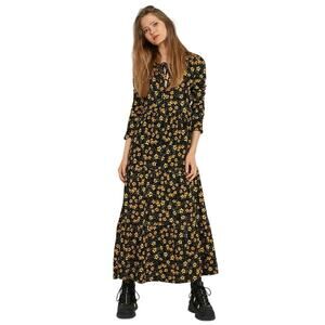 Free People Tiers Of Joy Prairie Floral Midi Dress Black/Yellow size XS